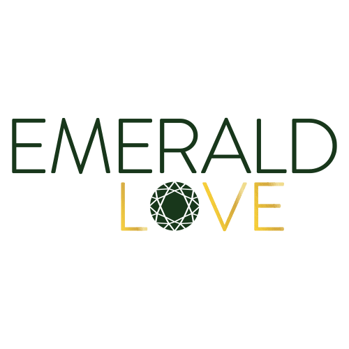 Emerald Love Schriftzug, stilisiertes Edelstein-Logo, Sexshop Kategorie, dezente Grüntöne