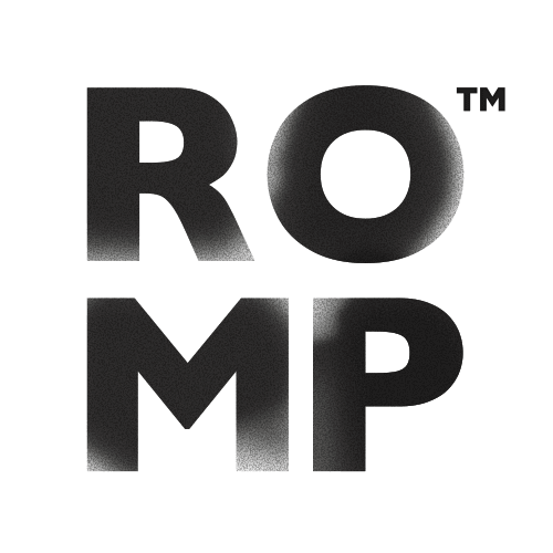 Schwarzes ROMP Logo, Symbol einer Erotik-Marke für Toys und Zubehör, neutraler Hintergrund.
