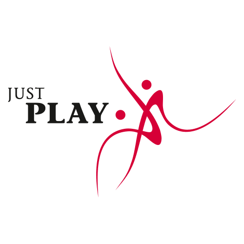 Logo mit Text 'Just Play' und abstrakten Figuren, Symbol für Erotikshop, Liebesspiel, Diskretion