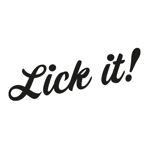 Schriftzug 'Lick it!' in schwarzer Schreibschrift, Symbol für Intimspielzeug und Erotikprodukte.