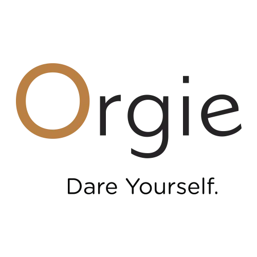 Orgie Logo mit modernem Schriftzug, schwarze Buchstaben und goldener Kreis, Erotikshop Kategorie