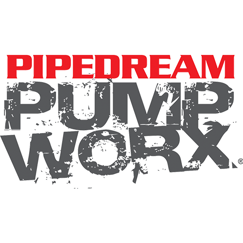 Pipedream Pump Worx Logo für Erotikprodukte, grauer Schriftzug auf transparentem Hintergrund