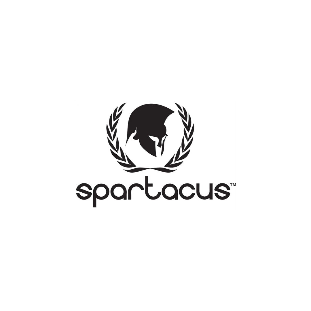 Spartacus Logo mit Helm und Lorbeerkranz, Symbol für erotisches Zubehör und Erwachsene