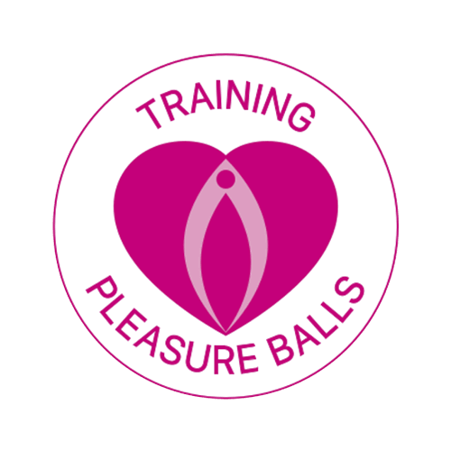 Rundes Logo mit pinkem Herz und Text 'Training Pleasure Balls', Symbol für Liebeskugeln.