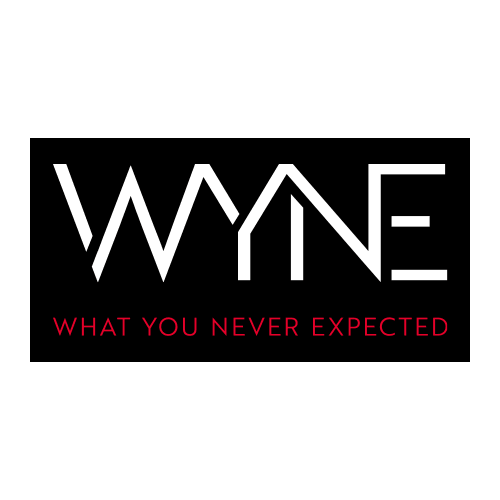 Modern Logo mit Text WYNE und Slogan 'What You Never Expected', schwarzer Hintergrund, Erotikshop