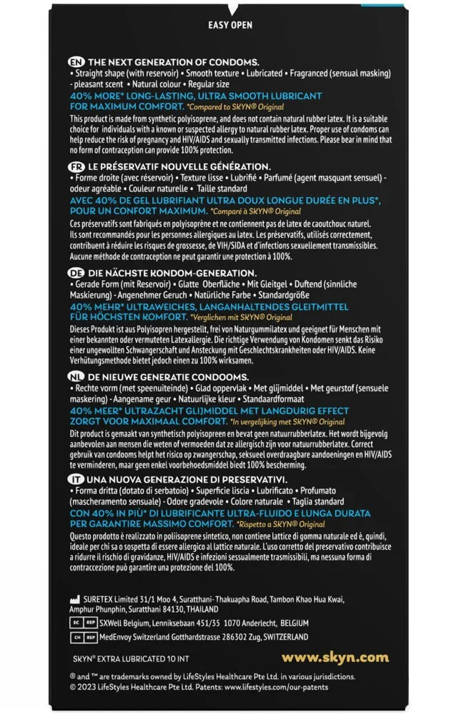 Rückseite einer Kondomverpackung mit Infos zu glatten, extra gleitfähigen, duftenden Kondomen