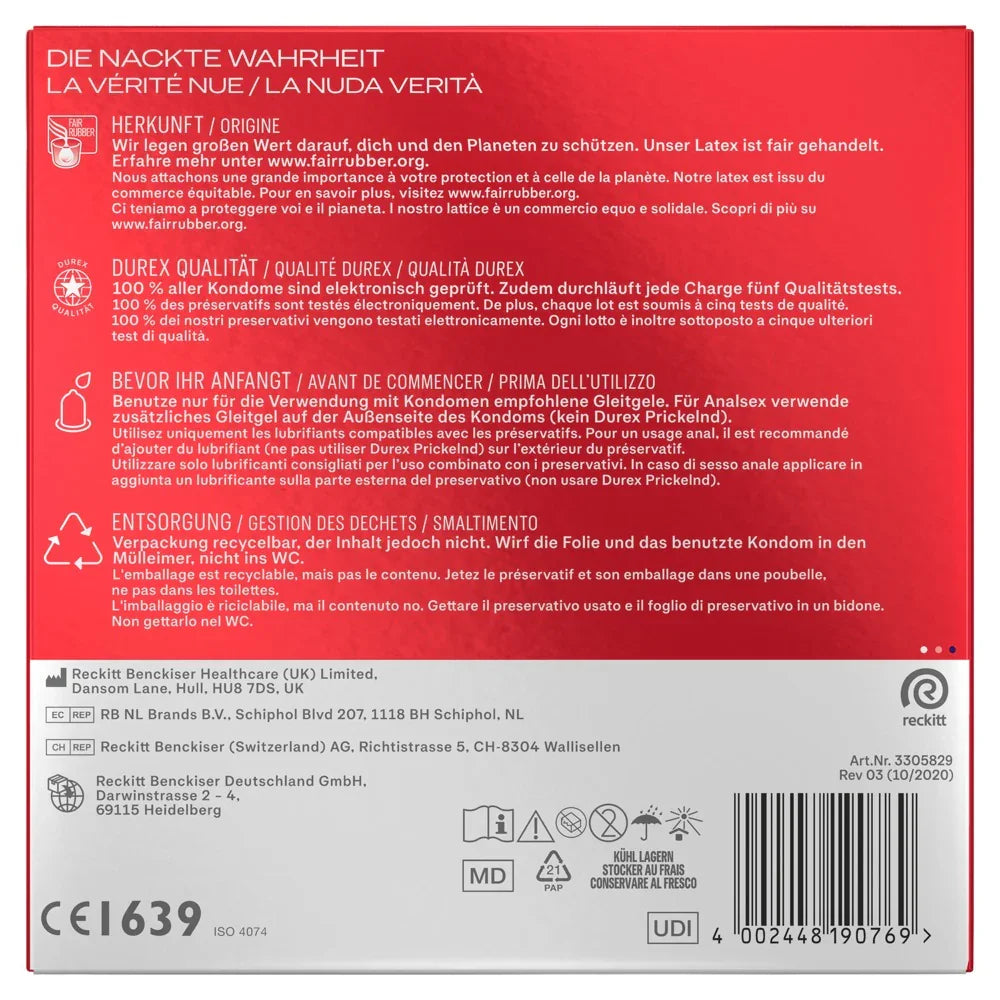 Rückseite einer Durex Kondomverpackung mit Sicherheitshinweisen und Anwendungstipps, rote Farbe, Text deutsch