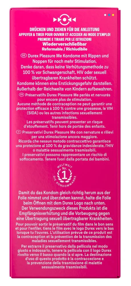 Rückseite einer Durex Kondomverpackung mit Beschreibung in mehreren Sprachen, pinkes Design, sichere Aufbewahrung und Anwendungshinweise für das Produkt im Bereich Intimität.