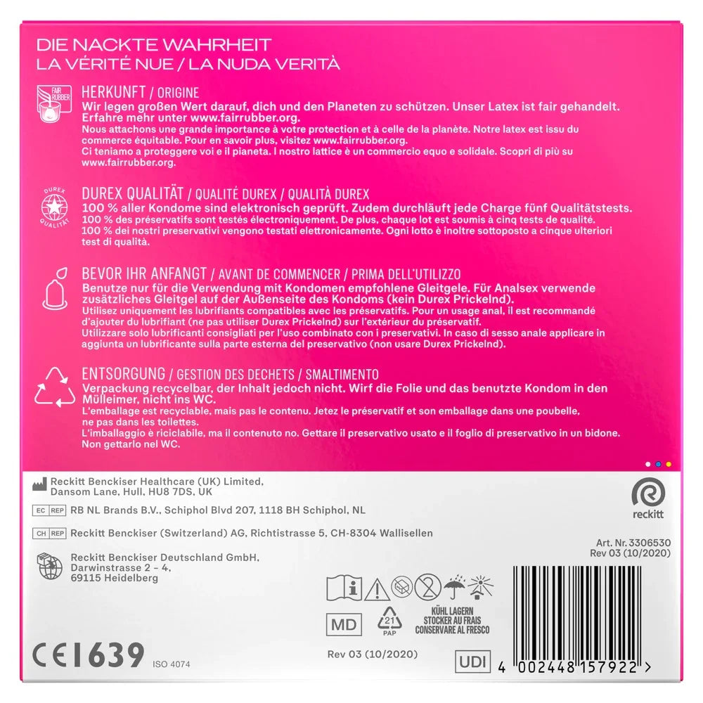 Rückseite einer Durex Kondomverpackung mit Produktinfos, Anwendungshinweisen und Entsorgungstipps