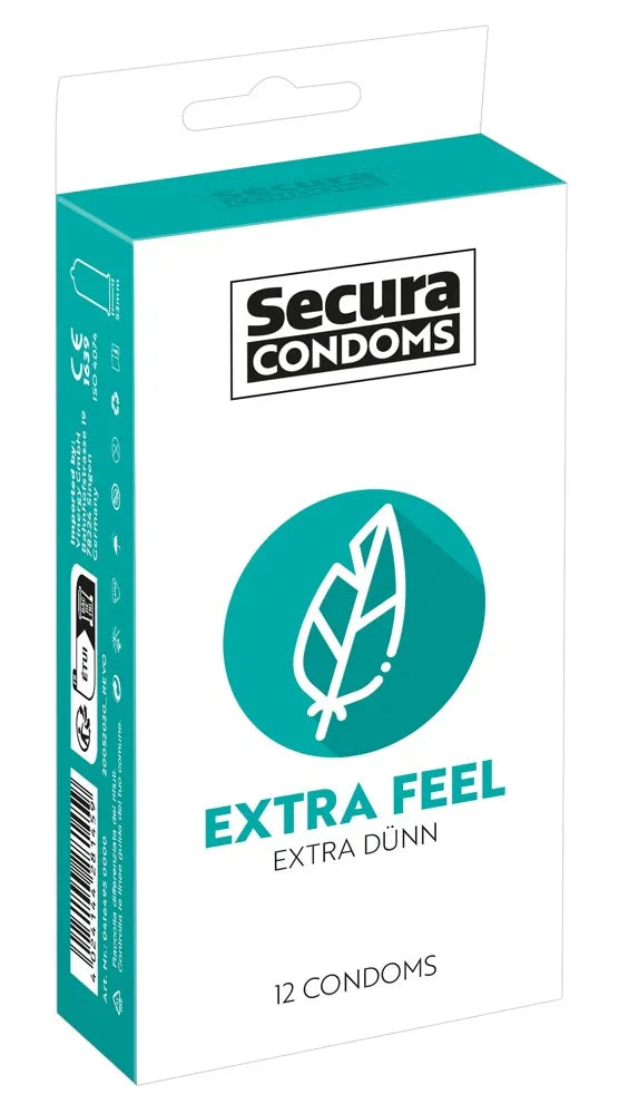 Packung Secura Condoms Extra Feel, extra dünne Kondome, 12 Stück, weiß-türkises Design