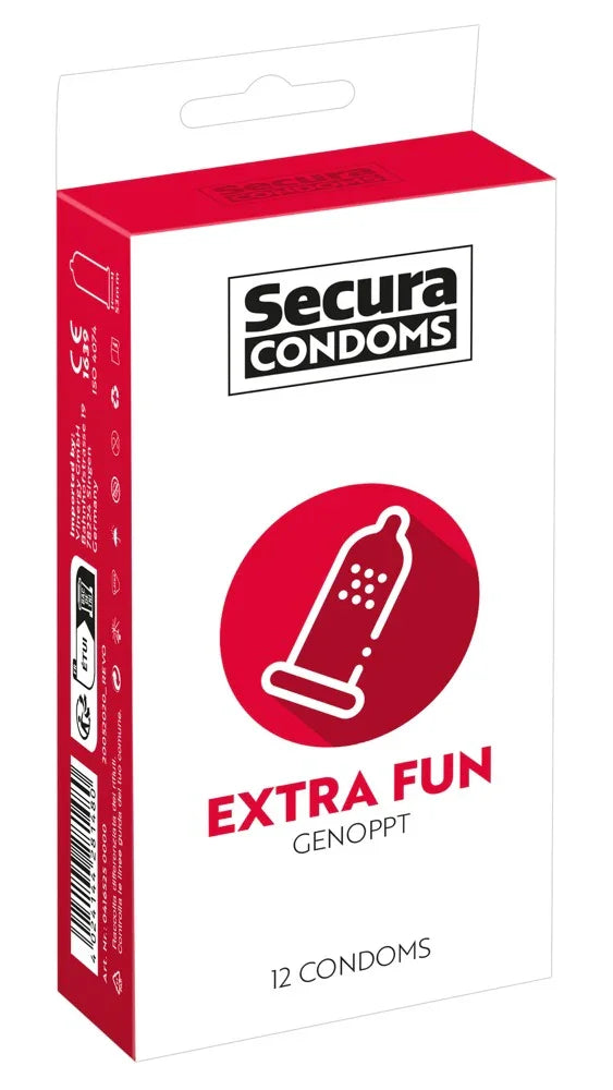 Verpackung Secura Kondoms genoppt, 12 Stück, für sicheres Liebesleben, weiß-rot Design