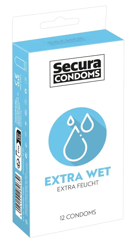 Packung Secura Extra Wet Kondome, blaue Verpackung mit Tropfensymbol, 12 Stück