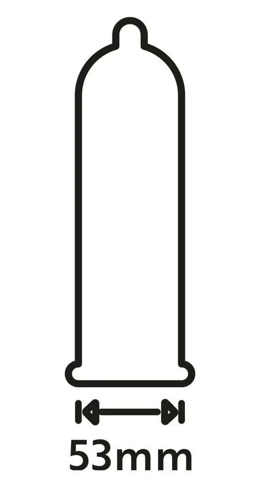 Illustration eines Kondoms mit einer Breite von 53 mm, schwarze Linie auf weißem Hintergrund