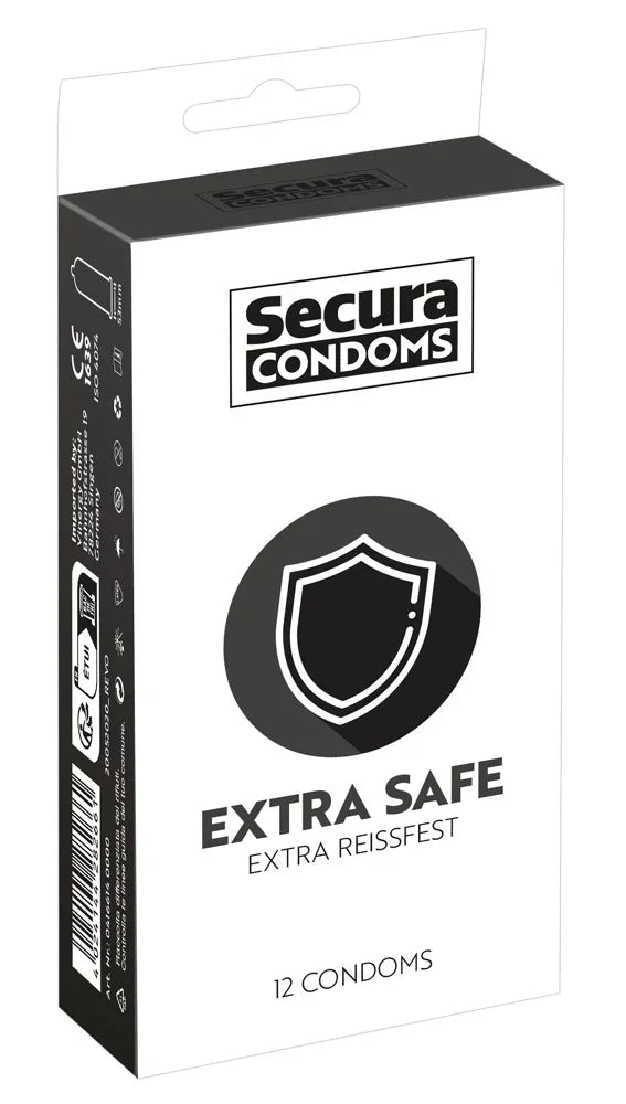 Schachtel mit 12 extra reißfesten Kondomen, Symbol für sicheren Schutz, weiß-schwarzes Design