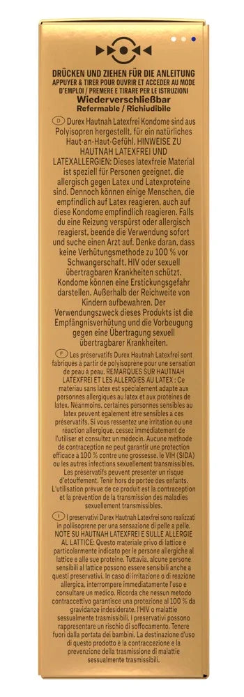 Rückseite einer goldenen Kondomverpackung mit mehrsprachigen Sicherheitshinweisen