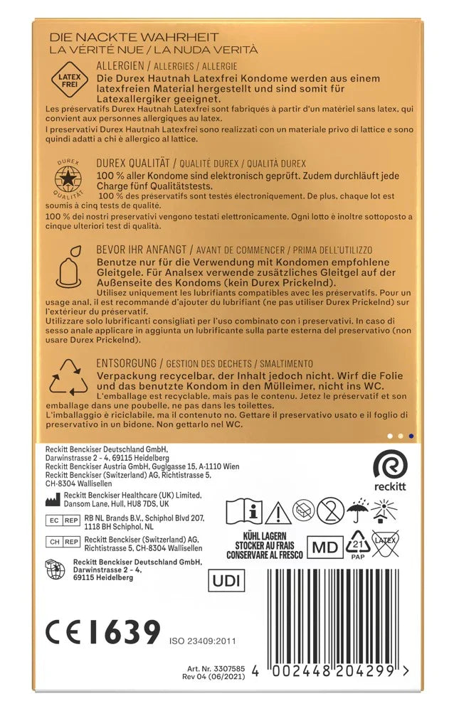 Verpackungsrückseite von Durex Kondomen, Produktinformationen zu latexfreien Kondomen, Gebrauchshinweise und Recycling-Symbole.