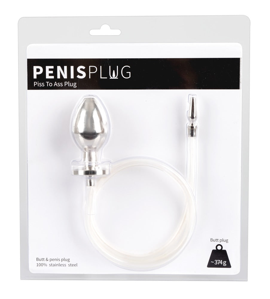 Plug pénien / plug anal « Piss To Ass Plug » en silicone et acier inoxydable (argent)