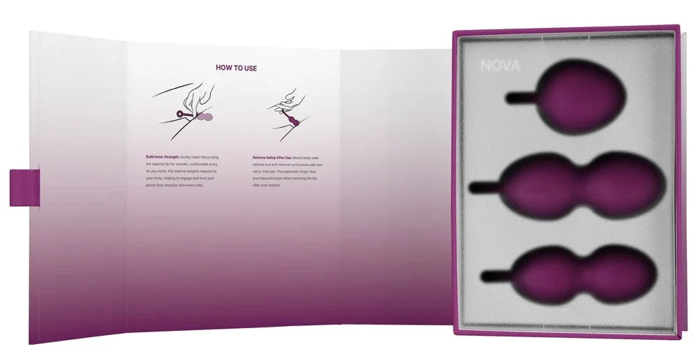 Nova Kegel-Trainingsgewichte in lila Verpackung mit Gebrauchsanleitung für Intimpflege und Beckenbodenübungen