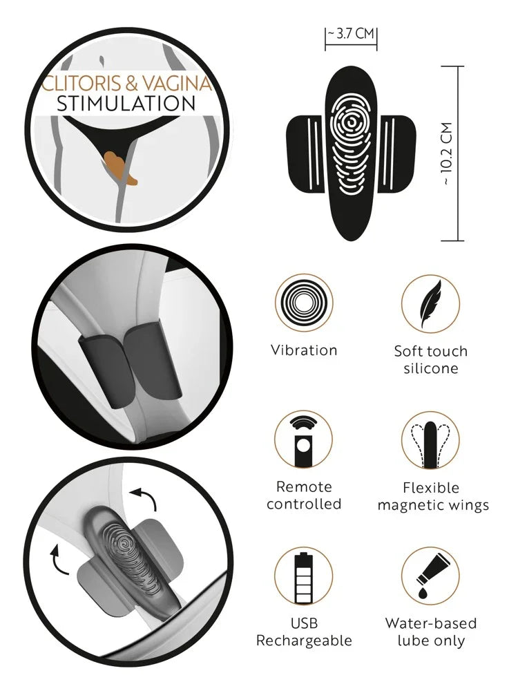 Schwarzer Stimulator zur klitoralen und vaginalen Stimulation, Soft-Touch-Silikon, magnetische Flügel, fernsteuerbar, wiederaufladbar über USB.