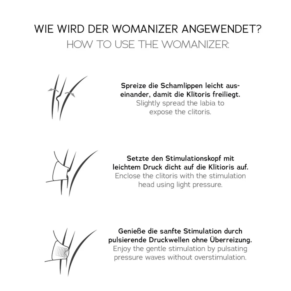 Anleitung zur Anwendung des Womanizers: sanfte Klitorisstimulation mit pulsierendem Druck