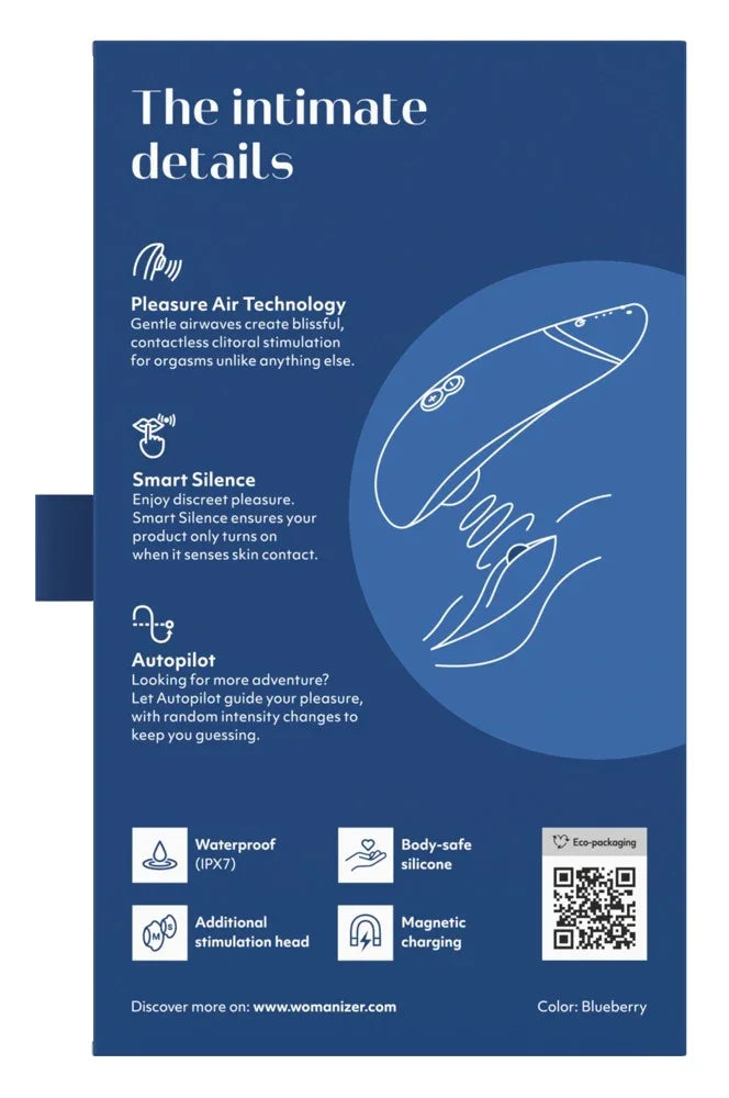 Blauer Vibrator mit Pleasure Air Technologie, wasserdicht, magnetisch aufladbar, diskret und aus hautfreundlichem Silikon