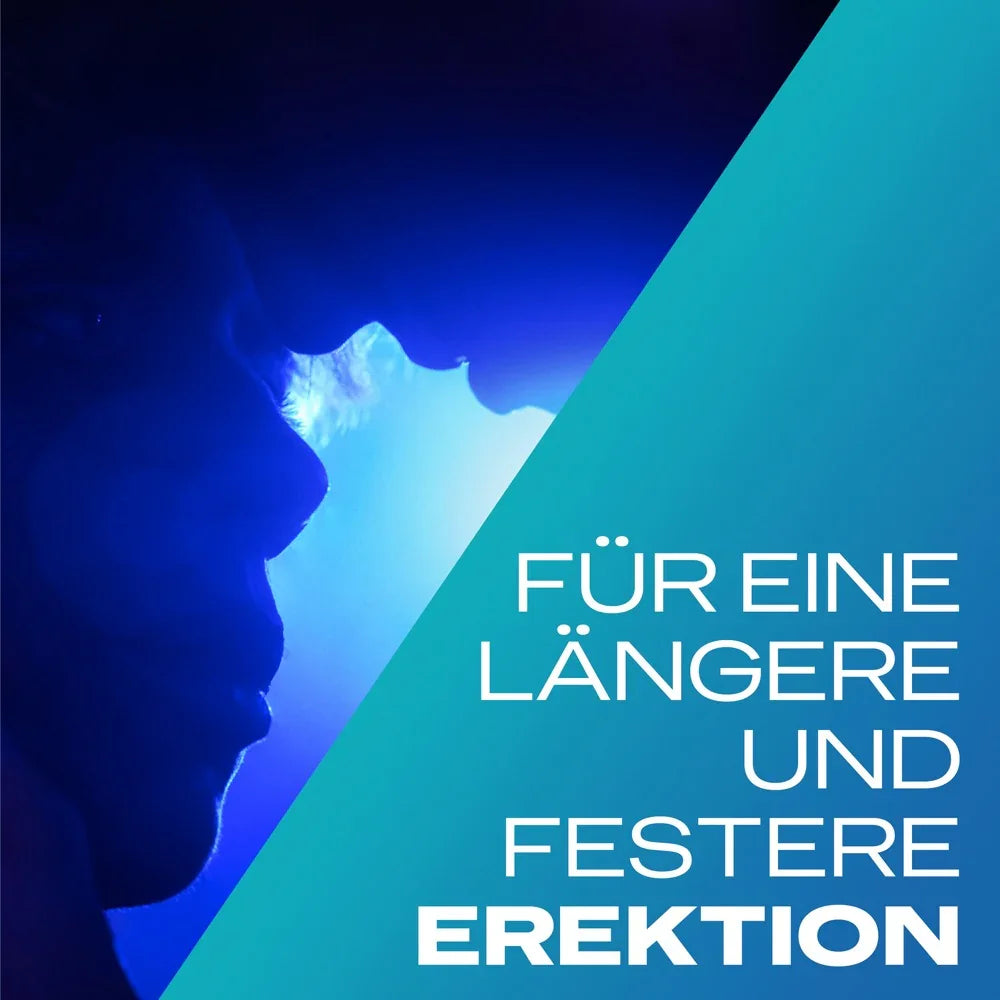 Nahaufnahme von zwei Gesichtern im blauen Licht, Text: Für eine längere und festere Erektion