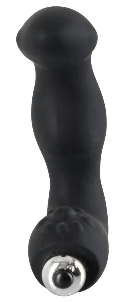 Schwarzer Vibrator mit texturierter Basis und Metallring für intensives Vergnügen