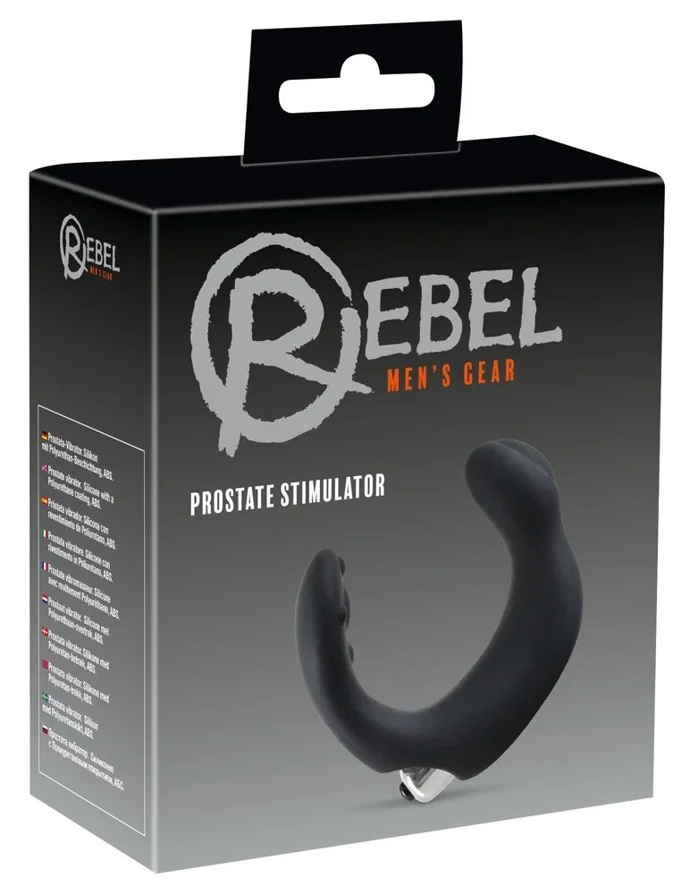 Schwarzer Prostata-Stimulator aus Silikon mit ABS-Basis, verpackt in Rebel Men's Gear-Box