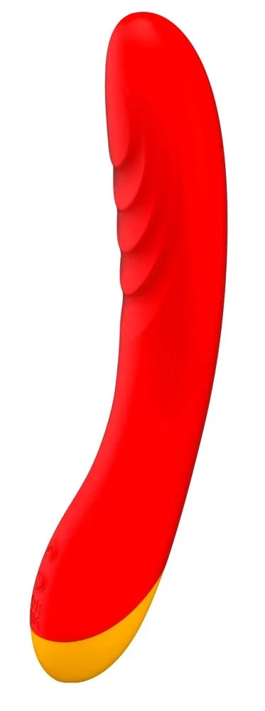 Roter Vibrator mit gelber Basis und wellenförmigen Strukturen für intensives Vergnügen