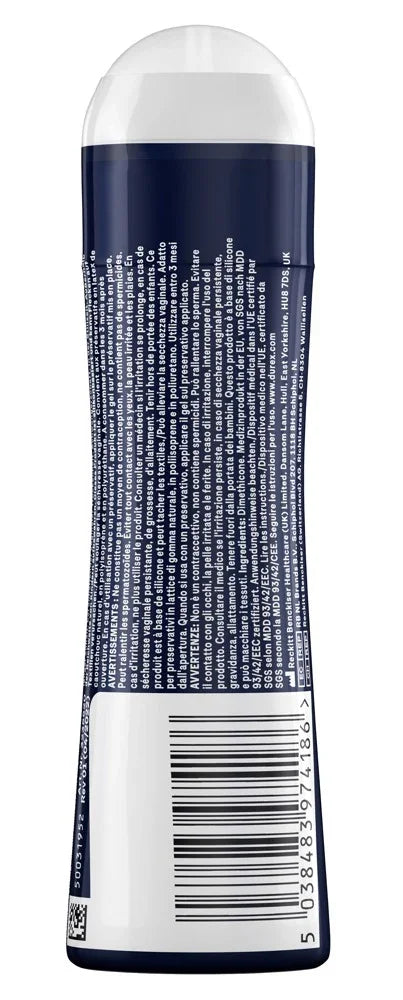 Rückseite einer blauen Flasche mit weißem Deckel, Produkt für Intimpflege, Gleitgel