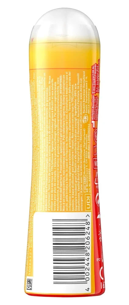 Gleitgel in gelber Flasche mit rotem Etikett, ideal für intime Momente und Sexspielzeuge