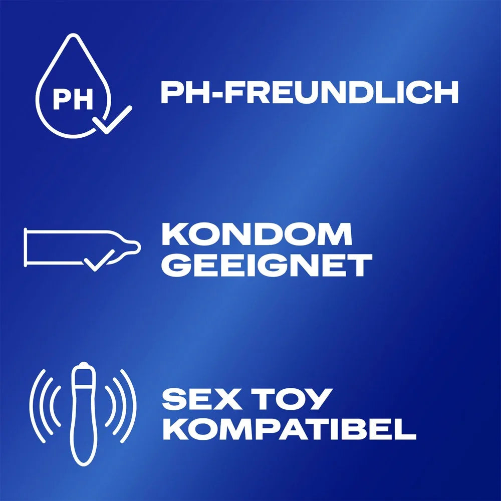 Blaue Grafik mit Icons für pH-freundlich, kondomgeeignet und Sex Toy kompatibel, ideal für Gleitgel.