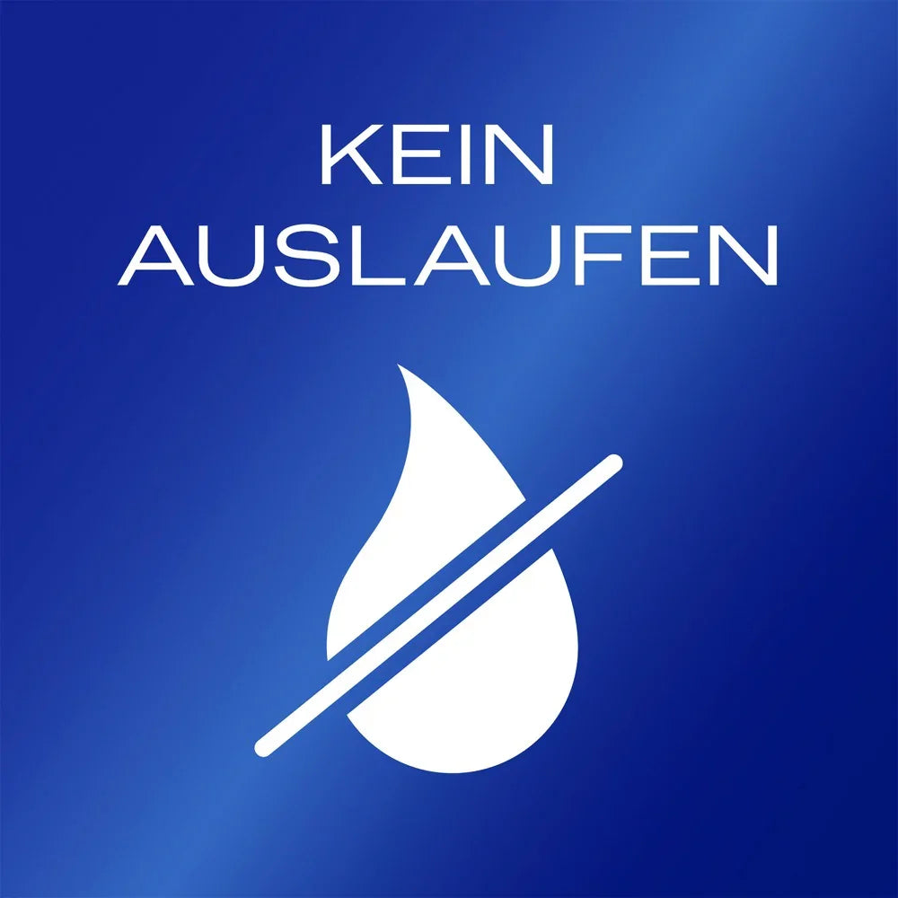 Symbol Kein Auslaufen, weiße Tropfe mit Linie auf blauem Hintergrund, sicher für Intimprodukte