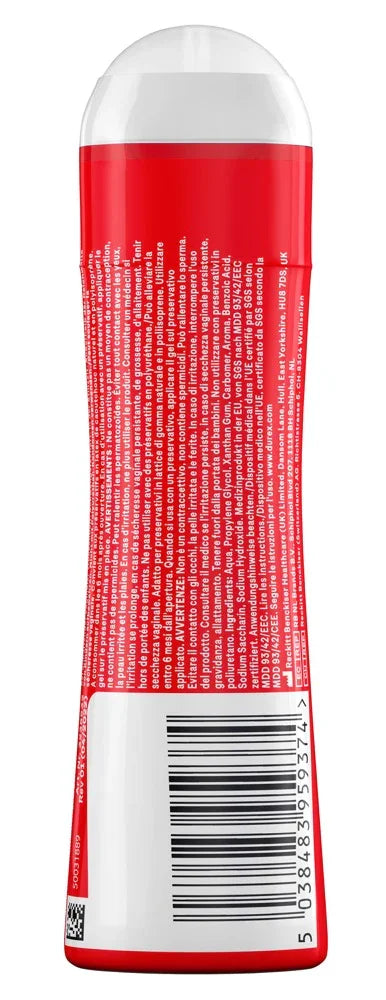 Rote Flasche Gleitgel, Rückseite mit weißem Text und Barcode, freigestellt auf Weiß