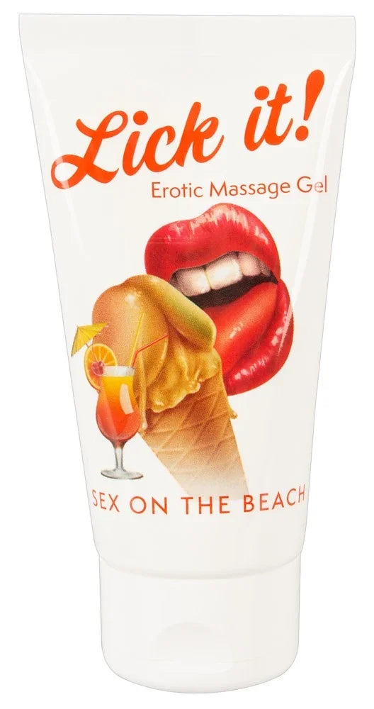 Erotisches Massagegel 'Lick it!' mit Strand-Motiv, ideal für intime Momente und Liebesleben