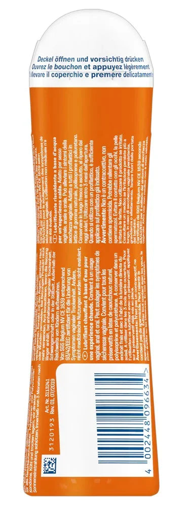 Orangefarbene Flasche Gleitgel, Rückseite mit Gebrauchsanweisung und Barcode, Produktfoto