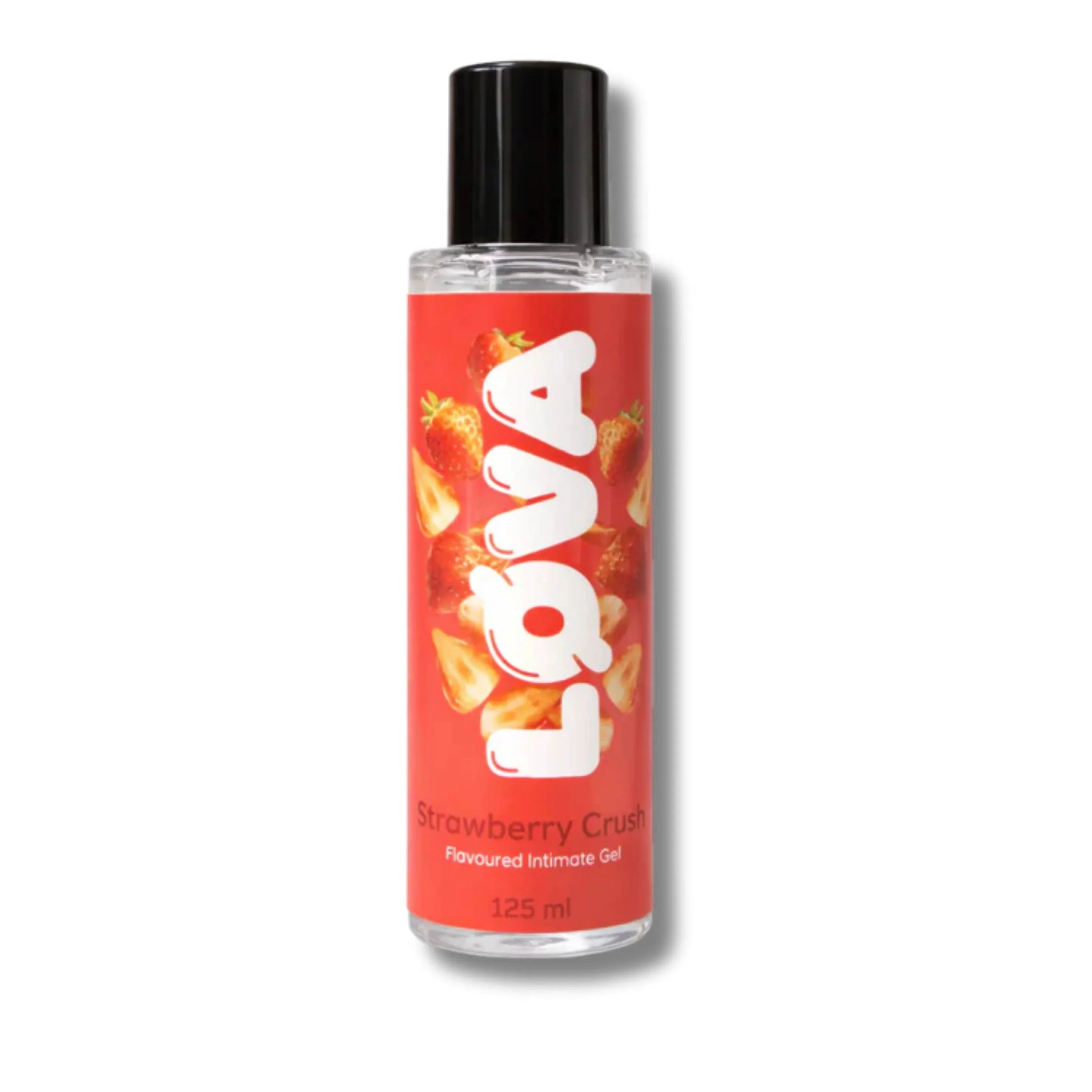 Lova Strawberry Crush Geschmacksgel für Intimität, 125 ml, mit Erdbeermotiv und schwarzer Kappe
