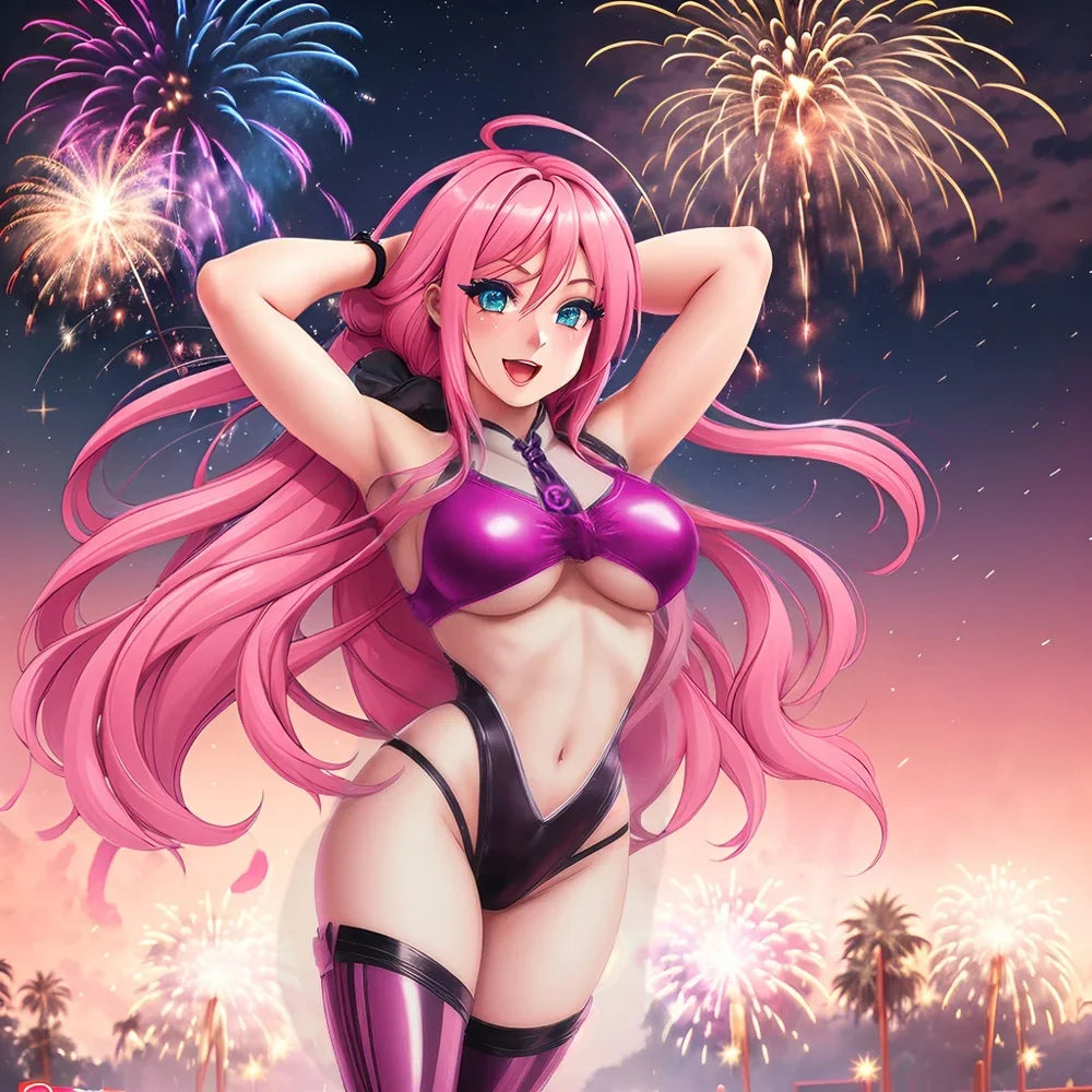 Anime-Frau mit pinken Haaren und lila Dessous vor Feuerwerk – perfekt für dein Liebesleben