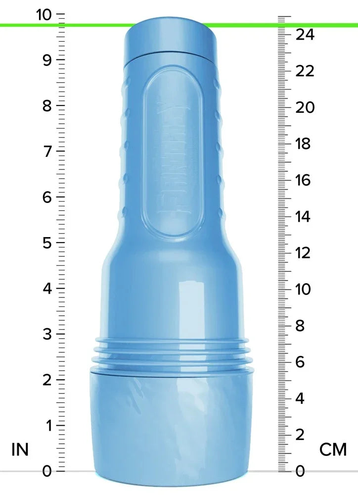 Blauer Vibrator mit Maßangaben in Zoll und cm für das Liebesleben