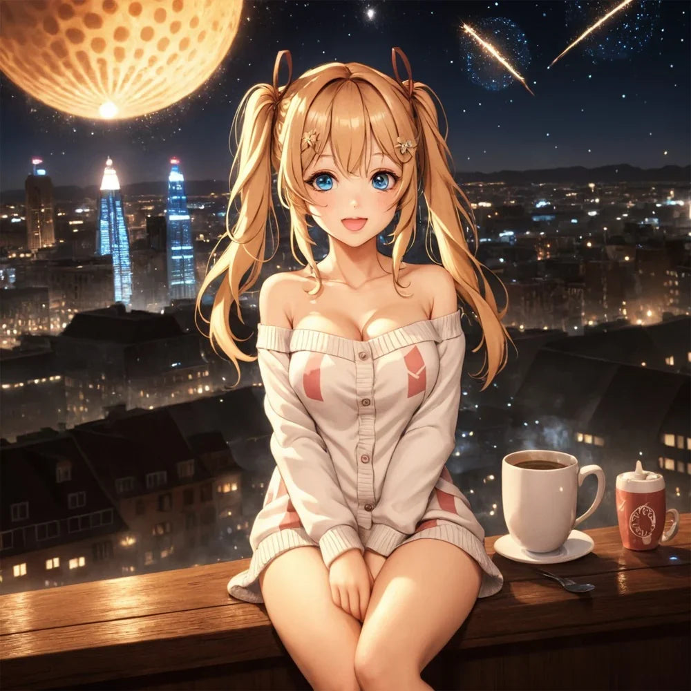 Anime-Mädchen mit blonden Zöpfen sitzt bei Nacht auf Balkon mit Kaffee, Stadtlichter im Hintergrund