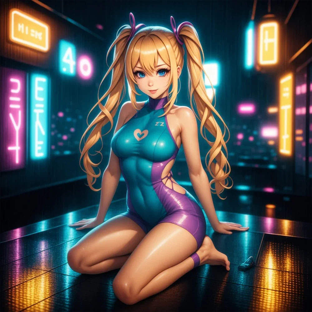 Anime-Figur in glänzendem Outfit vor Neonlichtern – perfekt für Liebesleben & Intimität