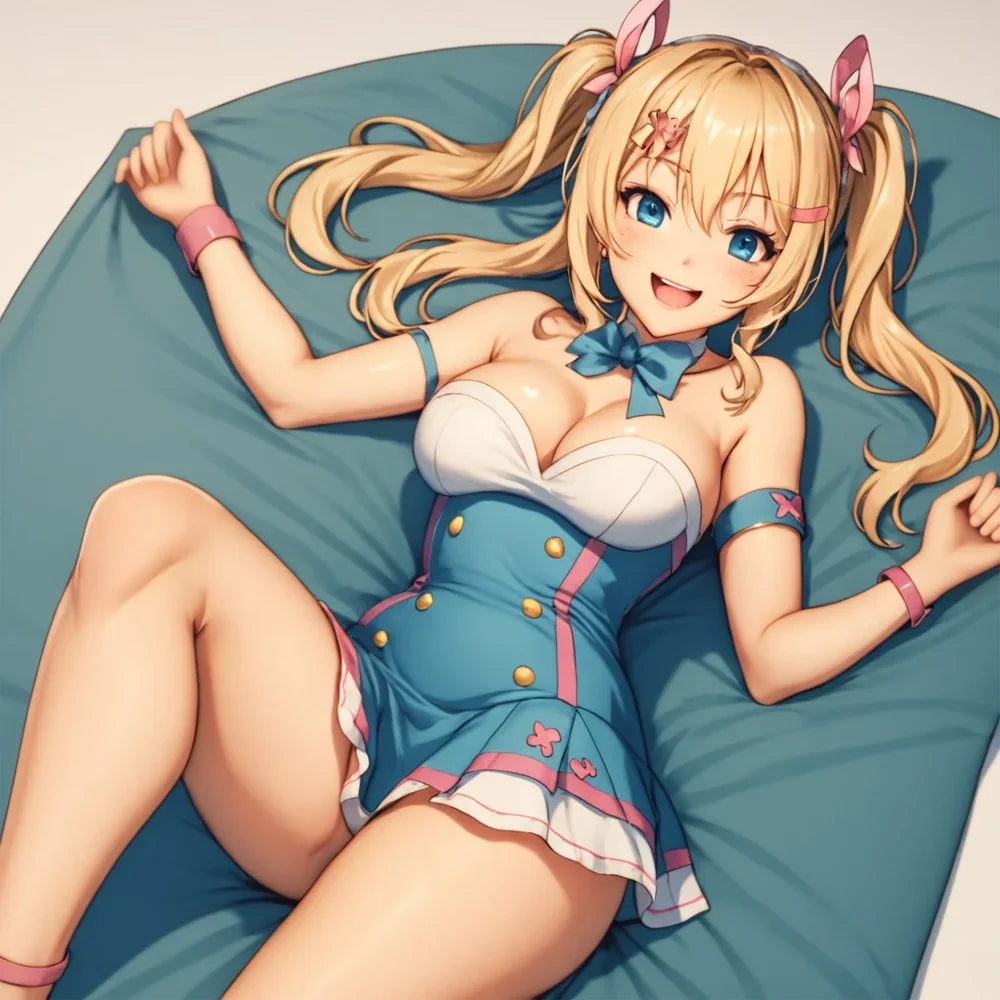 Anime-Mädchen in blau-weißem Outfit mit rosa Akzenten auf Bett liegend