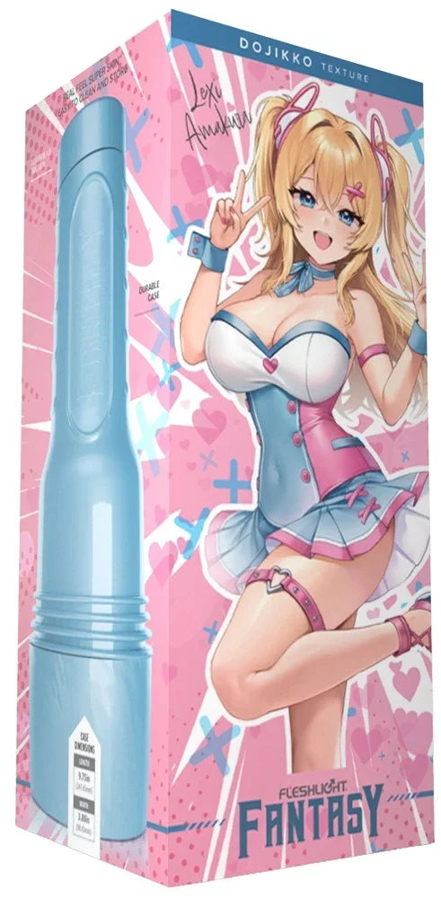 Blauer Vibrator mit Dojikko-Textur von Fleshlight Fantasy, verpackt mit Anime-Motiv für erotisches Vergnügen