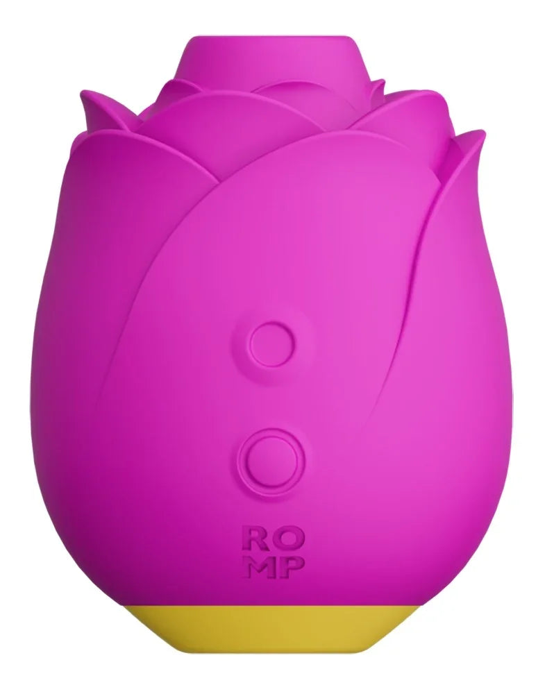 Lila Rosen-Vibrator mit Knöpfen und ROMP-Logo, für intime Momente
