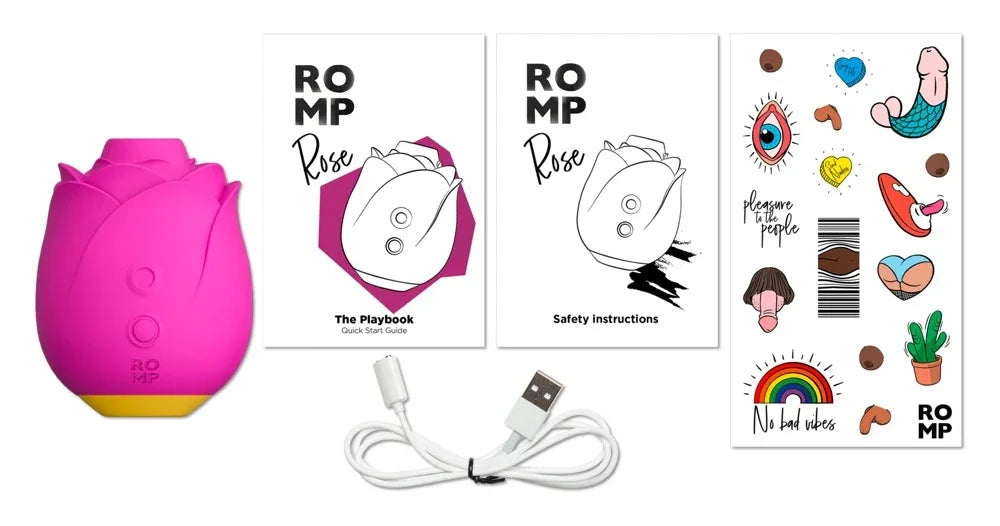 Rosa Rosen-Vibrator mit Ladekabel, Anleitung und Aufklebern – diskretes Liebesleben