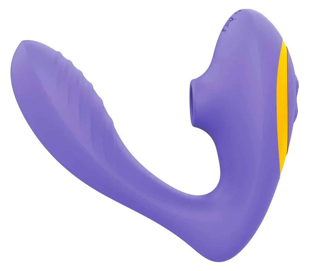 Lila Auflegevibrator mit Saugfunktion und gelbem Akzent, ergonomisches Design