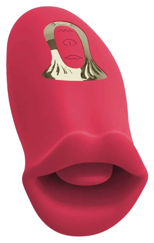 Roter Lippen-Vibrator mit goldener Gesichtsdekoration für intime Momente