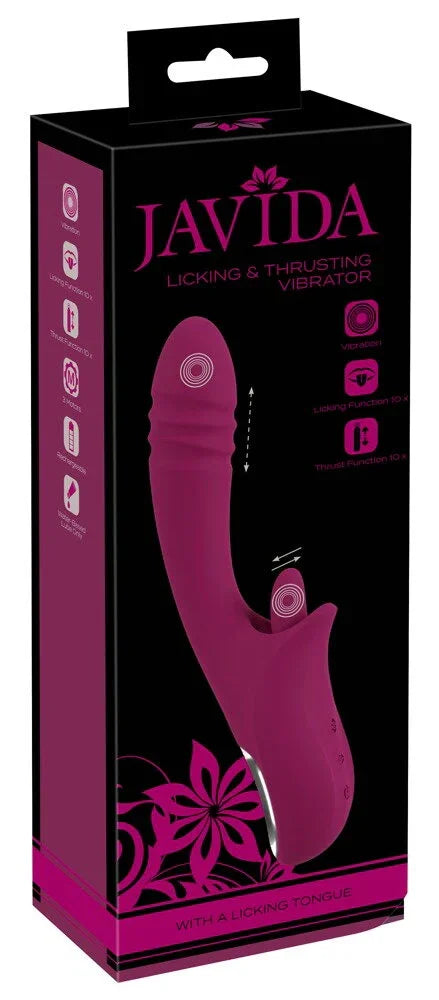 Lila Vibrator mit Zungenfunktion in schwarzer Verpackung, Vibratorbild und Produktsymbole sichtbar