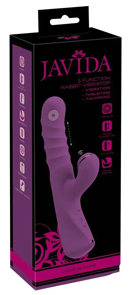 Lila verpackter Rabbit Vibrator aus Silikon mit 3 Funktionen, abgebildet auf schwarzer Box.
