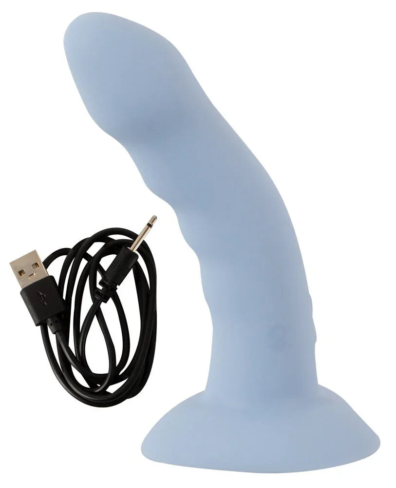 Hellblauer Vibrator aus Silikon mit strukturiertem Schaft und USB-Ladekabel